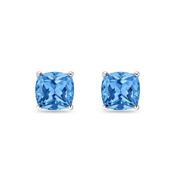 Solitaire Cushion Stud Earrings Simulated Blue Topaz CZ 925 Sterling Silver